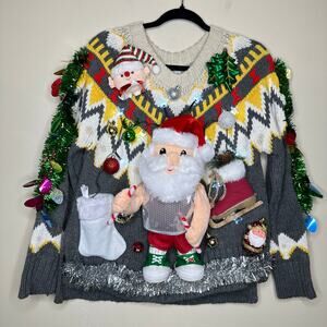 Ugly Christmas Sweater Singing Santa LIGHTS UP Tinsel Party Winner Size Medium